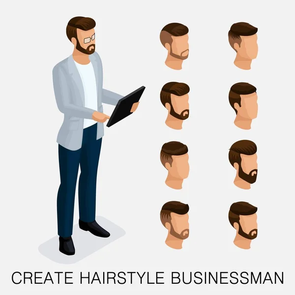 Trendiga isometrisk uppsättning 4, kvalitativ studie, en uppsättning av mäns frisyrer, hipster stil. Mode Styling, skägg, mustasch. Stil med dagens ung affärsman. Vektorillustration — Stock vektor