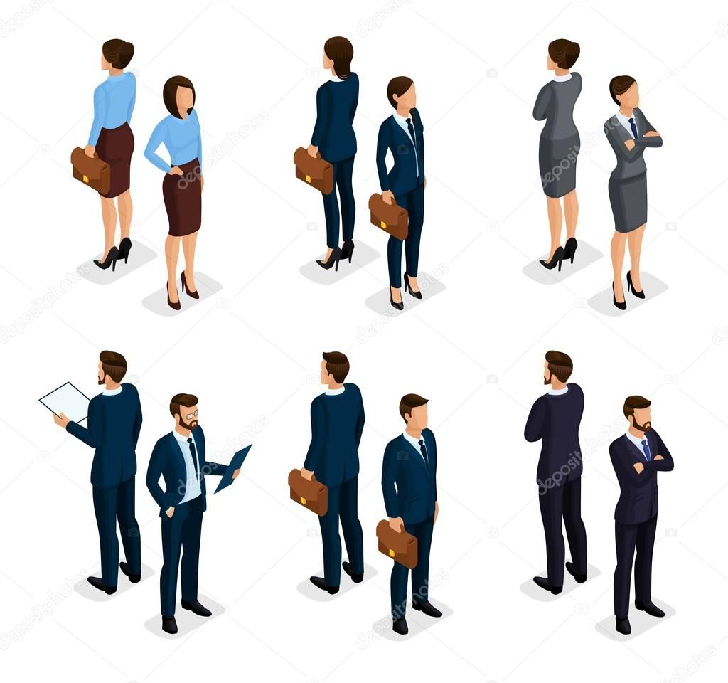 Trendy isometrics, isometric people. Businessmen, business woman in corporate clothing, stylish clothing. People behind a front view of visas, isolated on white background