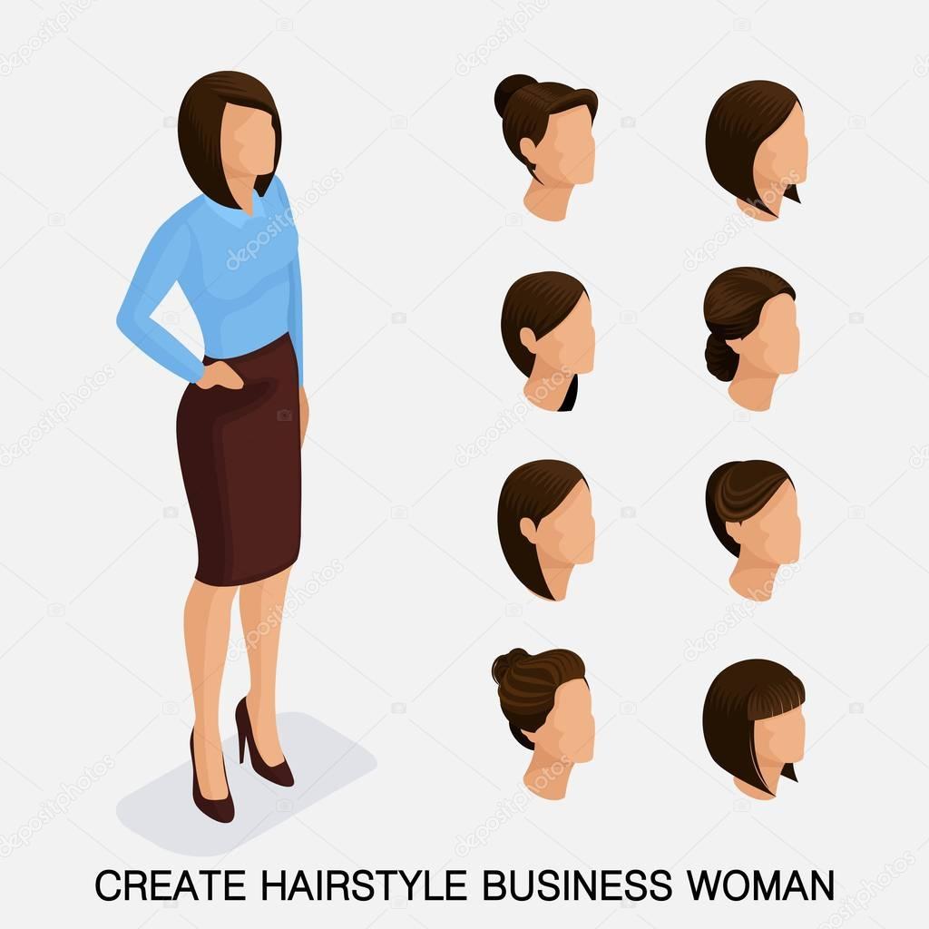 Trendy isometric set 5, women's hairstyles. Young business woman, hairstyle, hair color, isolated. Create an image of the modern business woman. Vector illustration