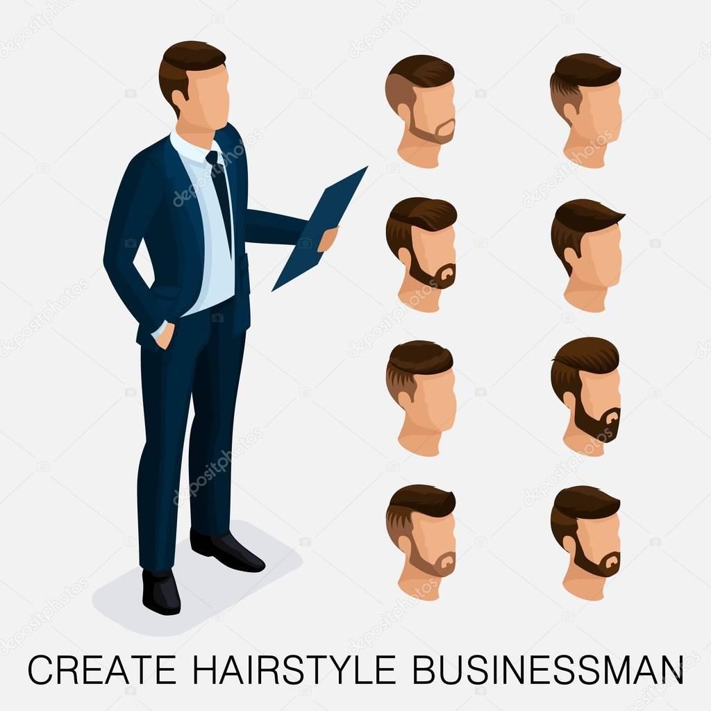 Trendy isometric set 2, qualitative study, a set of men's hairstyles, hipster style. Fashion Styling, beard, mustache. The style of today's young businessman. Vector illustration