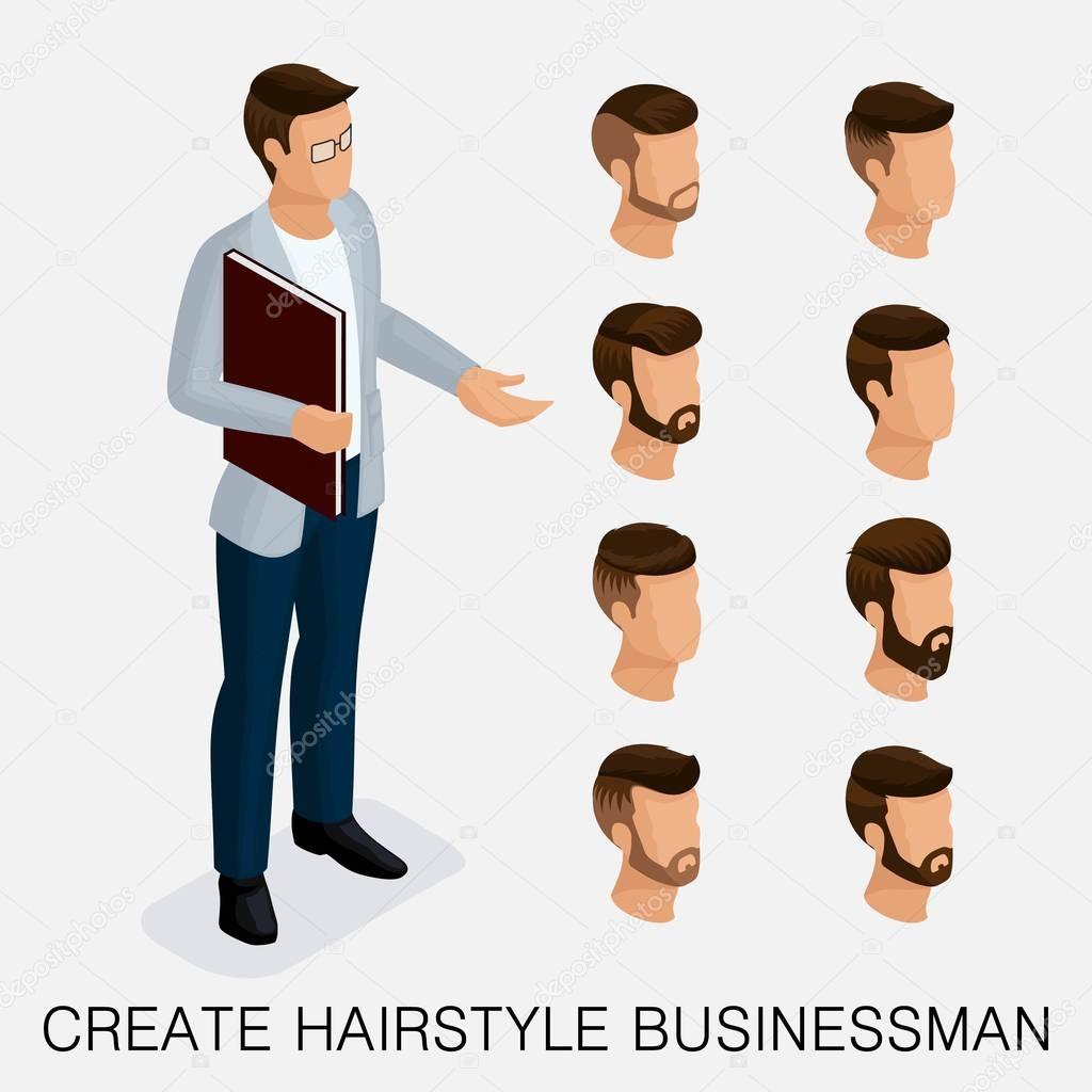 Trendy isometric set 3, qualitative study, a set of men's hairstyles, hipster style. Fashion Styling, beard, mustache. The style of today's young businessman. Vector illustration