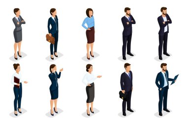 Kadın ve erkek bir kurumsal kod iş adamları iş kıyafetleri izometrik kümesi. Beyaz bir arka planda, izole iş adamları. Vektör çizim