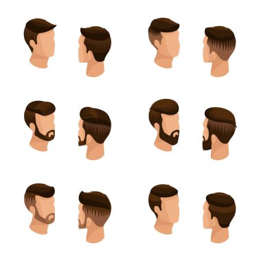İzometrik dizi avatarları, erkek saç modelleri, hippi tarzı. Döşeme, sakal, bıyık. Şık ve modern saç modelleri, açık görünümü arka görüş izole. Vektör çizim