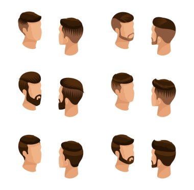 İzometrik dizi avatarları, erkek saç modelleri, hippi tarzı. Döşeme, sakal, bıyık. Modern, şık saç modeli, gençler, moda iş, izole. Vektör çizim