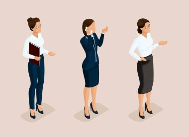 İzometrik zarif güzel iş kadını iş giyim 2 temel dolap, kadınsı kodu kurumsal elbise ayarlayın. Bir iş kadını modern tarzı. Vektör çizim