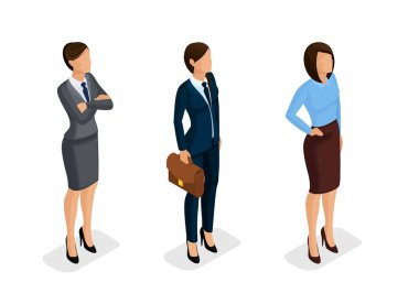 İzometrik zarif güzel iş kadını iş kılığına girmiş. Temel dolap, kadınsı kodu kurumsal beyaz bir arka plan üzerinde elbise. İzole. Vektör çizim