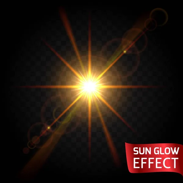 Sun glow effect set on a dark background transparent. Sunrise, sunset, the rays of glare glow. Bright flowing scattering light. Vector illustration — Stock Vector