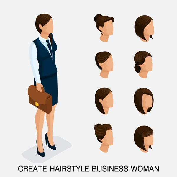 Izometrikus Soma be 1, női frizurák. Fiatal üzletasszony, frizura, haj szín. Hozzon létre egy kép a modern üzleti nő. Vektoros illusztráció — Stock Vector
