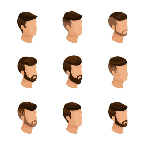 Isometría popular, peinados para hombre, estilo hipster. Acostado, barba, bigote. Peinado moderno y elegante, gente joven, negocio de la moda, aislado. Ilustración vectorial — Archivo Imágenes Vectoriales