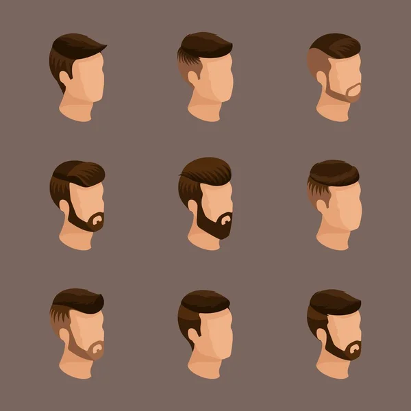 Isometria popular, penteados masculinos, estilo hipster. Deitado, barba, bigode. Penteado moderno, elegante, jovens, negócios de moda, estudo qualitativo. Ilustração vetorial — Vetor de Stock