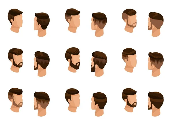 Estudo qualitativo isométrico popular, um conjunto de penteados masculinos, isolamento estilo hipster. Moda Estilo, barba, bigode. Vista frontal traseira. Ilustração vetorial — Vetor de Stock