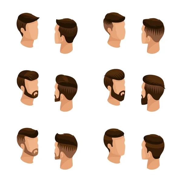 Ensemble isométrique d'avatars, coiffures masculines, style hipster. Couché, barbe, moustache. Coiffures élégantes et modernes, vue de face vue arrière isolée. Illustration vectorielle — Image vectorielle