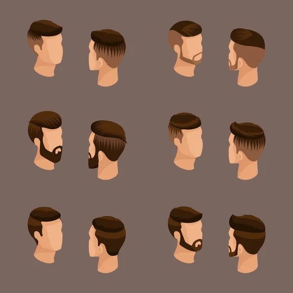 Ensemble isométrique d'avatars, coiffures masculines, style hipster. Couché, barbe, moustache. Coiffure moderne et élégante, jeunes, mode, sur fond beige. Illustration vectorielle — Image vectorielle