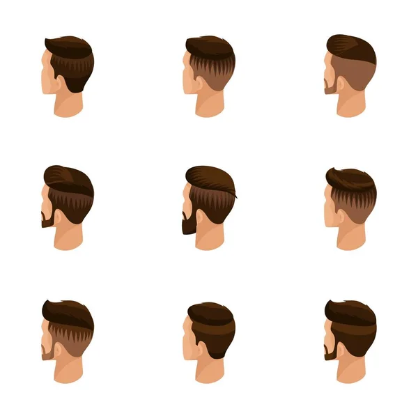 Isometric set of avatars, men's hairstyles, hipster style. Laying, beard, mustache. Modern, stylish hairstyle, rear view, isolated. Vector illustration — Stock Vector