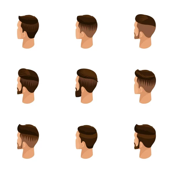 Ensemble isométrique d'avatars, coiffures masculines, style hipster. Couché, barbe, moustache. Coiffure moderne, élégante, vue arrière, isolée. Illustration vectorielle — Image vectorielle