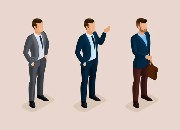 Isometrische kwaliteit van mensen met de studie van details. Stel business hipsters kapsel, baard, snor. Stijl moderne zakenman begaat handelingen. Vectorillustratie — Stockvector