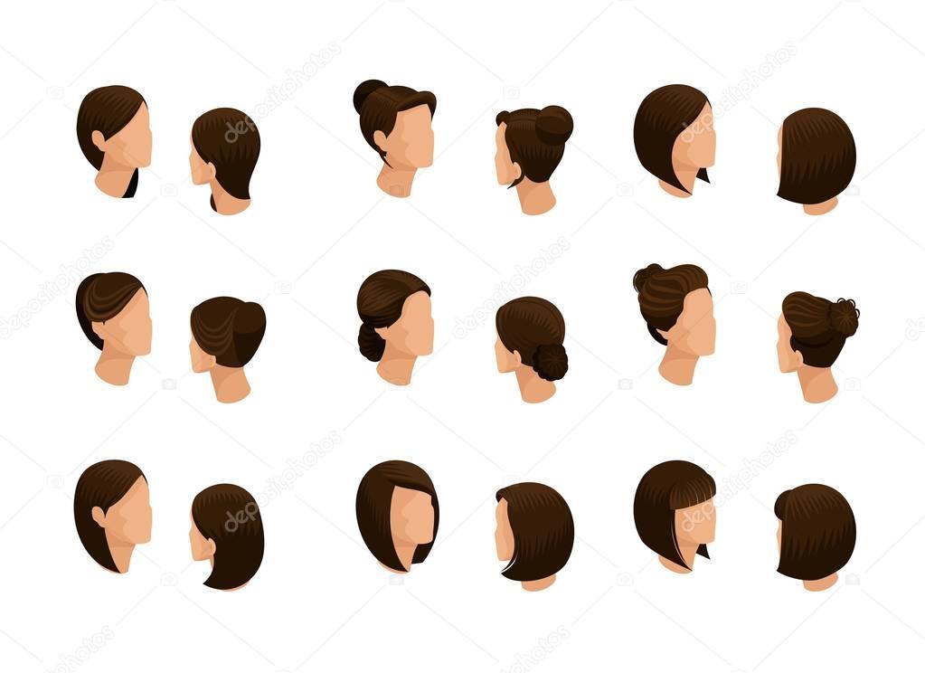 Isometric set of female hair styles mans head. Options stylish haircuts, hair business woman pretty cute on a white background. Isolated. Vector illustration