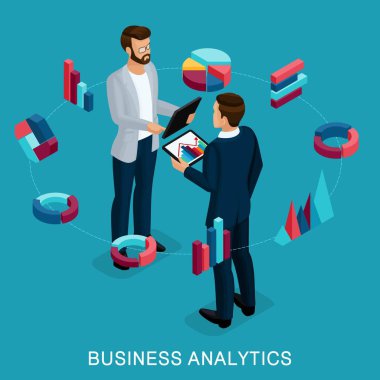 İzometrik iş analisti, erkek işadamı kavramı planlama. Genç işadamı şık saç modeli iş elbiseleri, iş modern sistemlerde wi-fi tablet. Vektör çizim