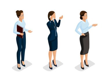 İzometrik zarif güzel iş kadını iş giyim 2 temel dolap, kadınsı kodu kurumsal elbise beyaz bir arka plan üzerinde ayarlayın. İzole. Vektör çizim