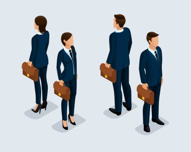 Moda toplantıda, izometrik insanlar. İş adamları, iş kadın kurumsal giyim, şık giysiler. Vize, hafif bir arka plan üzerinde izole açık bir görünümünü arkasındaki insanlar. 3 set