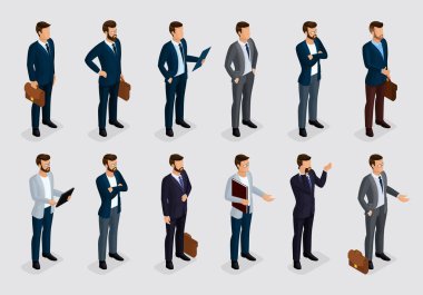 İş adamları izometrik elbiseli adamlar bir gri açık renkli, sakal şekillendirme şık saç bıyık office set. Nitel eğitim. Vektör çizim