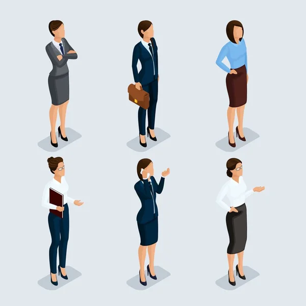 Isometrisch elegante schöne Geschäftsfrau in Businesskleidung Set 3 grundlegende Garderobe, feminine Code Corporate Dressing auf grauem Hintergrund, isoliert. Vektorillustration — Stockvektor