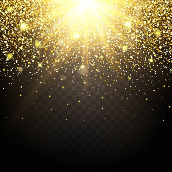 Effect of particles flying on top of the gold luster dust sparks luxury design rich background. The effect of sunlight illumination. Luxury golden texture — Stock Vector