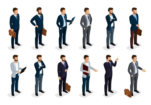 Business people isometric set of men in suits isolated on a white background, beard styling stylish hairstyle mustache office. Qualitative study. Vector illustration — Stock Vector