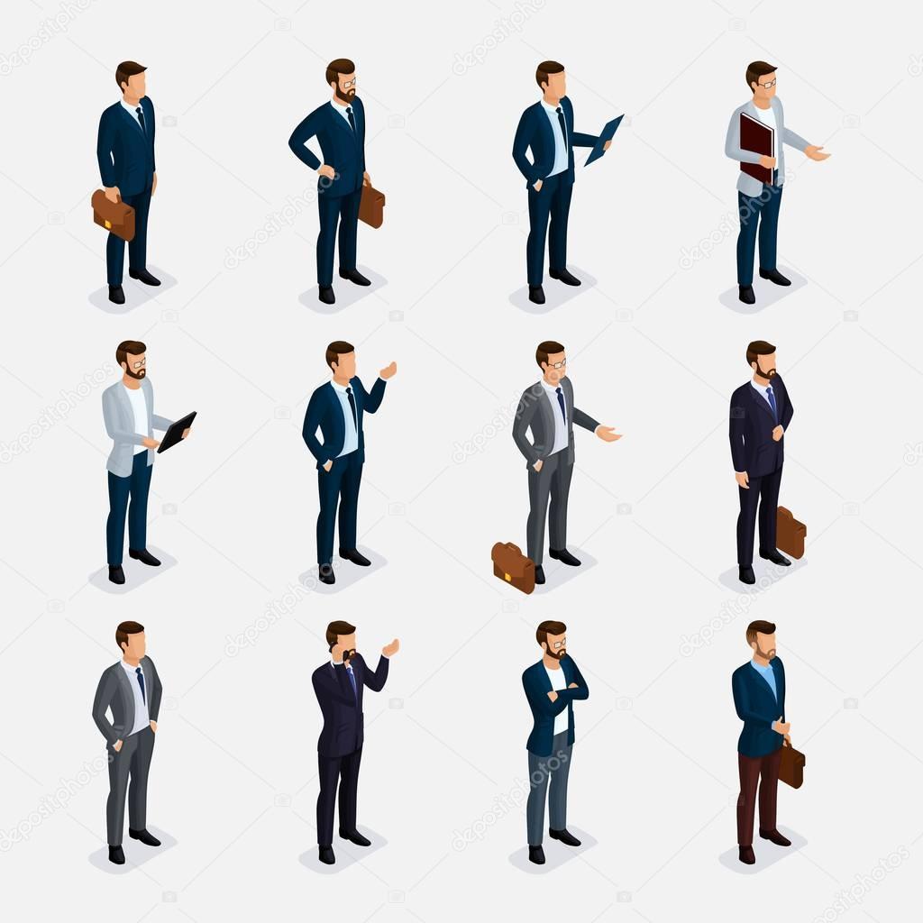 Business people isometric set with men in suits, beard styling stylish hairstyle mustache office isolated. qualitative study. Vector illustration