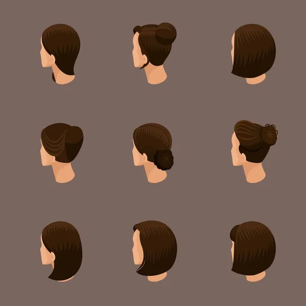 Ensemble isométrique d'avatars 3D, coiffures féminines, coiffures tendance, coiffure tendance, vue arrière sur un fond beige. Illustration vectorielle — Image vectorielle