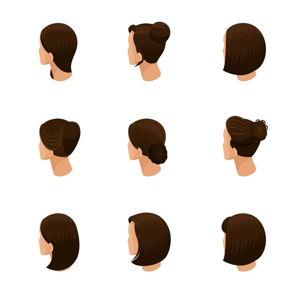 Ensemble isométrique d'avatars 3D, coiffures féminines, coiffures tendance, coiffure tendance, vue arrière isolée sur fond blanc. Illustration vectorielle — Image vectorielle