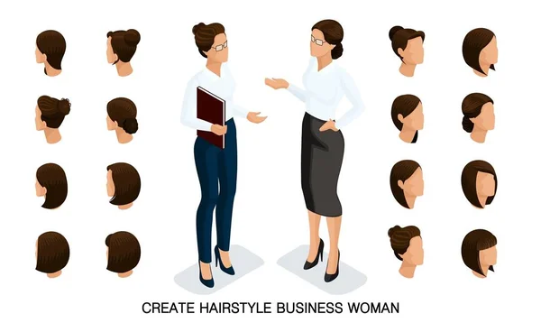 Isometrisk affärskvinna ställa 4 3d, kvinnors frisyrer att skapa en snygg affärskvinna, fashionabla frisyr bakifrån isolerad på en ljus bakgrund — Stock vektor