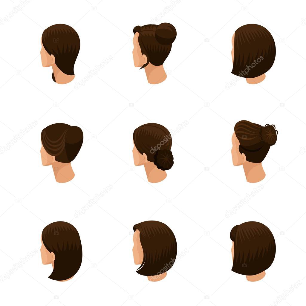 Isometric set of 3D avatars, women's hairstyles, trendy hairstyles, trendy haircut styling, rear view isolated on white background. Vector illustration