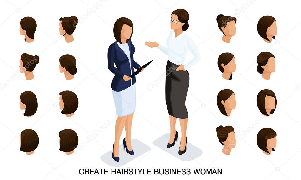Isometric business woman set 5 3D, women's hairstyles to create a stylish business woman, fashionable hairstyle rear view isolated on a light background