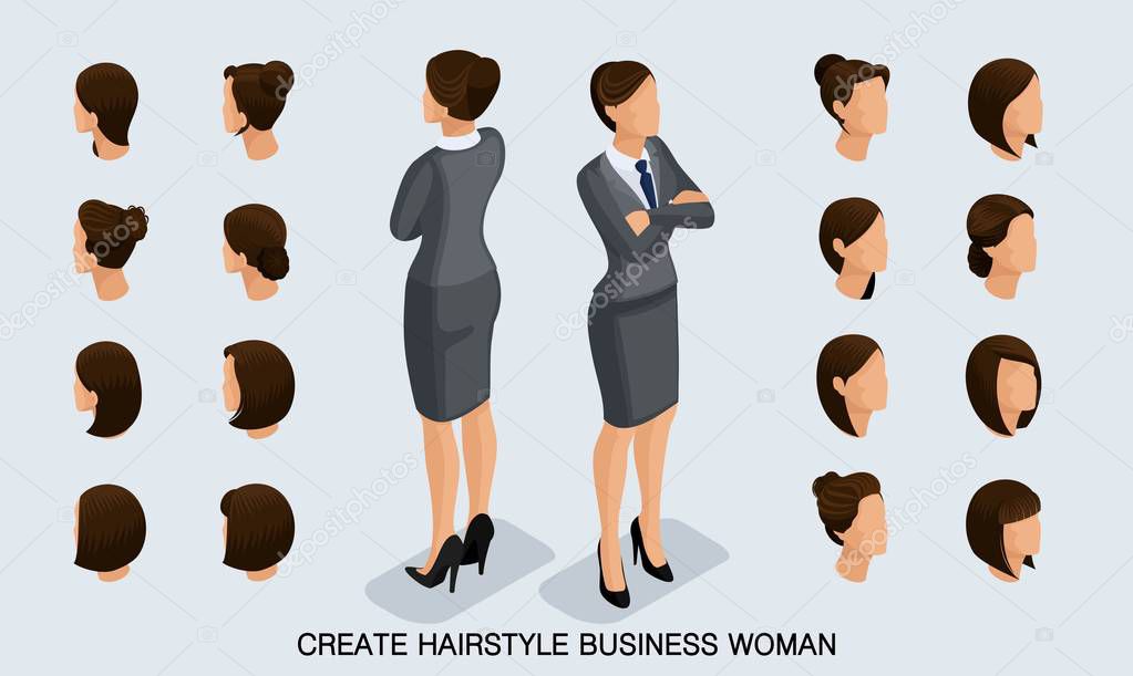 Isometric business woman set 3 3D, women's hairstyles to create a stylish business woman, fashionable hairstyle rear view isolated on a light background