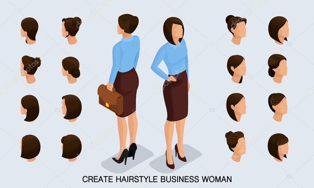 Isometric business woman set 1 3D, women's hairstyles to create a stylish business woman, fashionable hairstyle rear view isolated on a light background