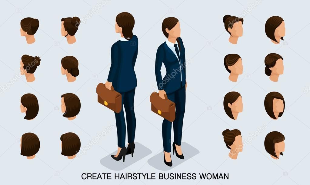 Isometric business woman set 2 3D, women's hairstyles to create a stylish business woman, fashionable hairstyle rear view isolated on a light background