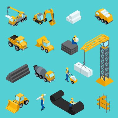 Set Isometric icons for construction workers, crane, machinery, power, transportation, clothing, special machinery. Vector illustration clipart