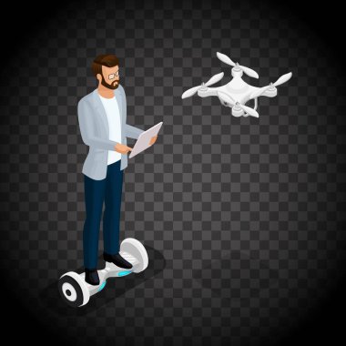 İzometrik 3d insanlar, robot quadrocopter, oyun sevremennaya, toplantıda iş adamı. Gyroscooter sürücü birimi. Saydam bir arka plan üzerinde. Vektör çizim