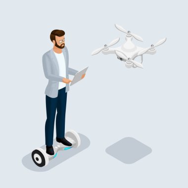 İzometrik 3d insanlar, robot quadrocopter, oyun sevremennaya, toplantıda iş adamı. Gyroscooter sürücü birimi. Hafif bir arka plan üzerinde. Vektör çizim