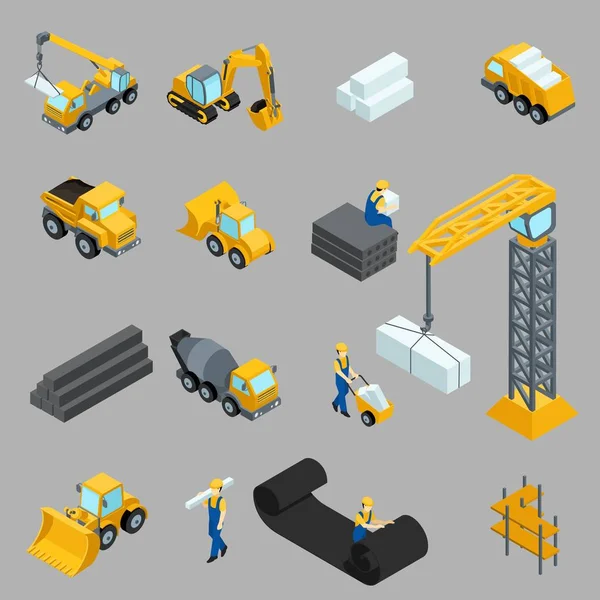 Isometrisch icons voor werknemers in de bouw, kraan, machines, macht, vervoer, kleding, bussen op een grijze achtergrond instellen — Stockvector