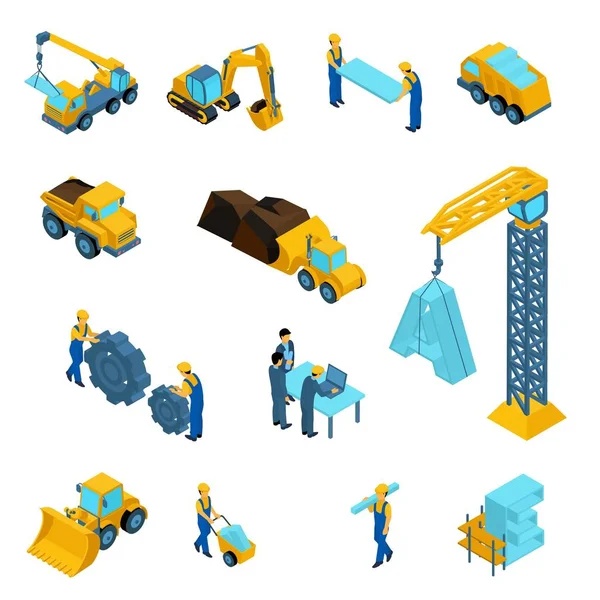 Isometrisch icons set voor werknemers in de bouw, kraan, machines, macht, vervoer, managers, laptop, kleren geïsoleerd op witte achtergrond — Stockvector