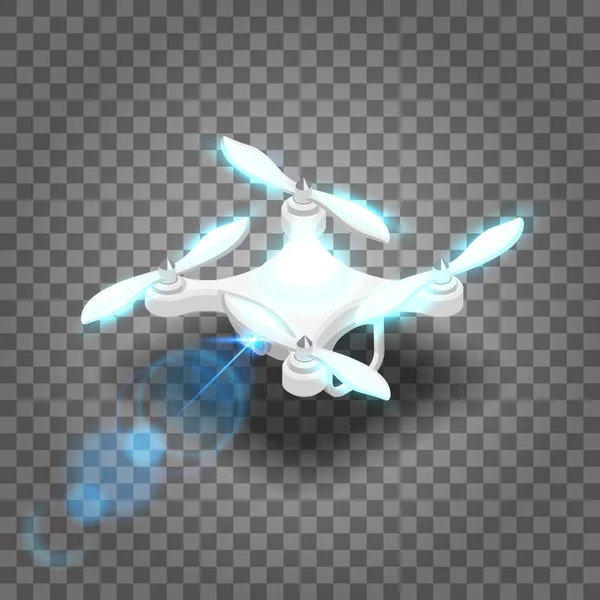 Isometrische drone quadrocopter 3d, vliegen op de radio. Drone camera voor fotograferen, het effect van de lens van de gloed op een transparante achtergrond — Stockvector