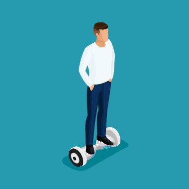 İzometrik insanlar, bir oyun oynayan bir adam 3d araba, hız kontrolü. Gyroscooter parlak arka plan üzerinde. Vektör çizim