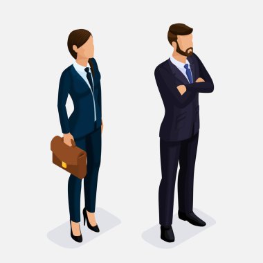 İzometrik kişi, bir kadın ve bir adam 1, izole bir ışık arka plan üzerinde ayarlayın. Genç iş adamı ve iş kadını, şık iş giyim, saç sıkı portföy. Vektör çizim