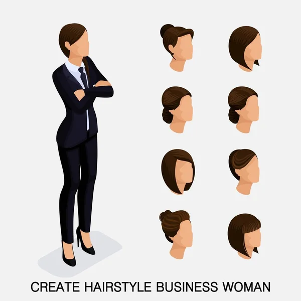 Set isométrico de moda 8, peinados femeninos. Joven mujer de negocios, peinado, color de pelo, aislado. Crear una imagen de la mujer de negocios moderna. Ilustración vectorial — Vector de stock