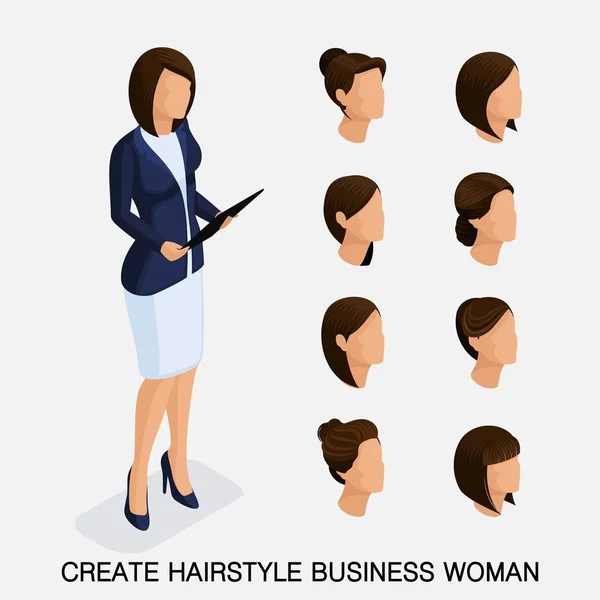 Trendiga isometrisk ange 9, kvinnors frisyrer. Ung affärskvinna, frisyr, hårfärg, isolerade. Skapa en bild av den moderna kvinnan. Vektorillustration — Stock vektor