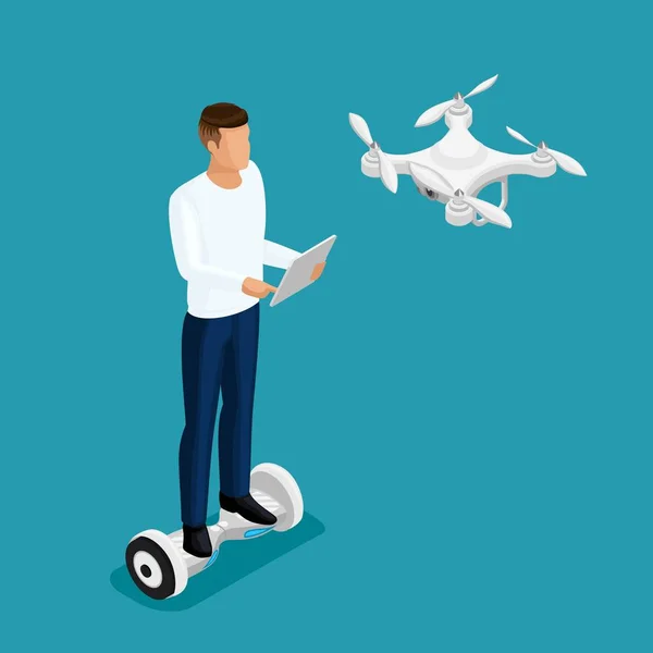 Isometric drone people, a man playing a game, quadrocopter 3D, fly on the radio. Drone camera for filming illustration — Stock Vector
