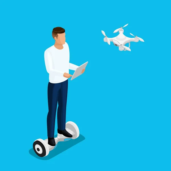 Persone con droni isometrici, un uomo che gioca a un gioco, quadrocopter 3D, volano alla radio. Telecamera drone per le riprese. Illustrazione vettoriale — Vettoriale Stock