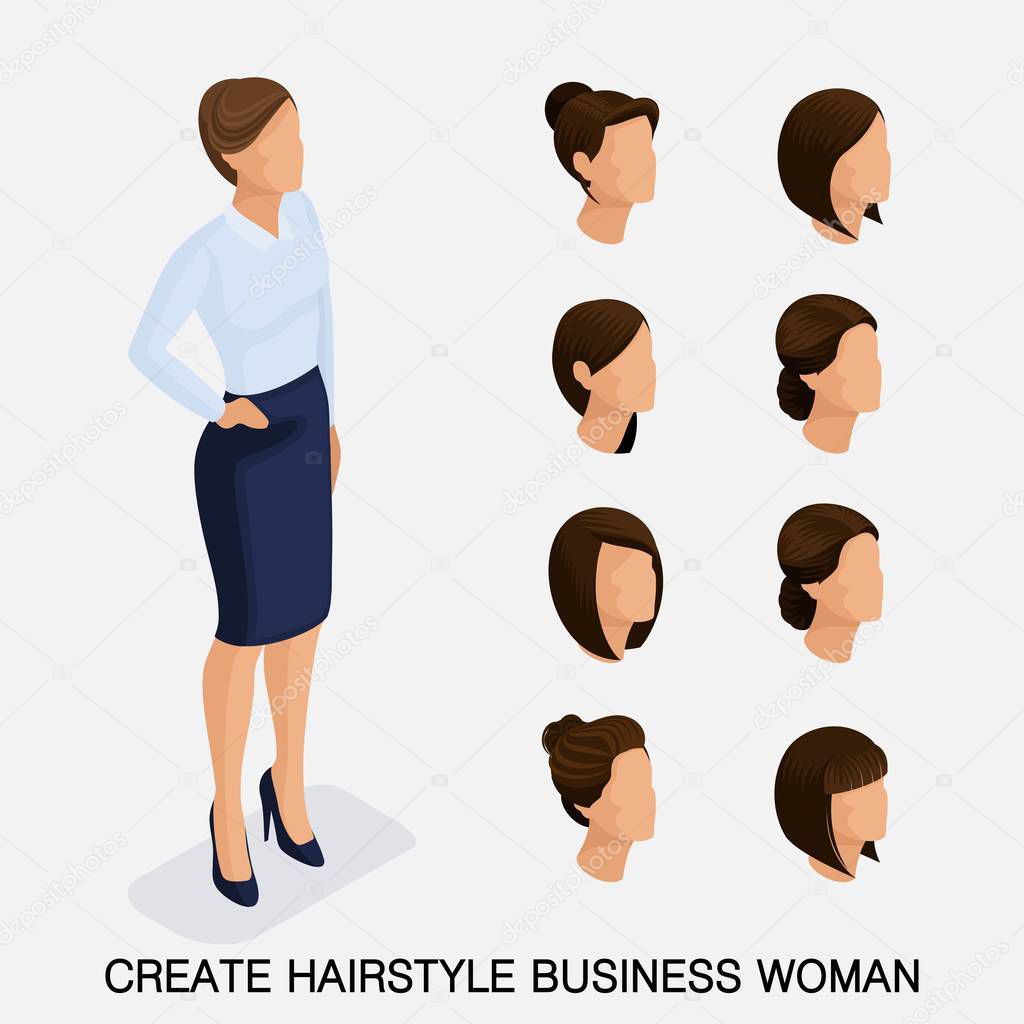 Trendy isometric set 10, women's hairstyles. Young business woman, hairstyle, hair color, isolated. Create an image of the modern business woman. Vector illustration-01